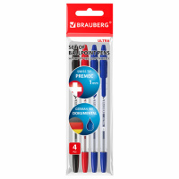 Ручки шариковые BRAUBERG 'ULTRA', НАБОР 4 штуки (2 синих, 1 черная, 1 красная), узел 1 мм, 143569
